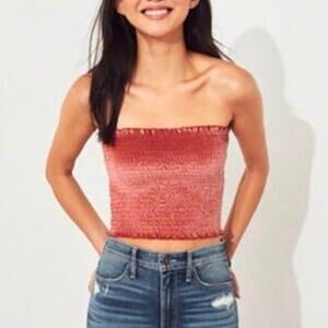 Hollister Women's Smocked Velvet Tube Top Stretch Retro 70s Salmon Pink Orange S